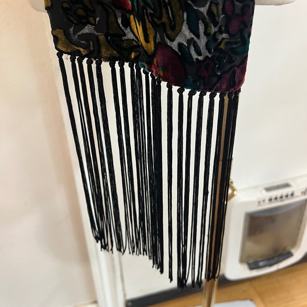 Vintage Burnout Velvet Floral Fringe Scarf Devoré Silk Blend Oblong Wrap Jewel - Picture 6 of 10
